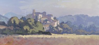 GARETH THOMAS oil on board - French village scene, unsigned, unframed, 23 x 48cms