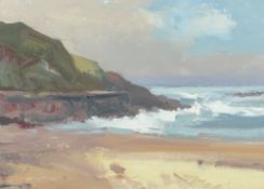GARETH THOMAS oil on board - Welsh coastline, signed, unframed, 25.5 x 35cms