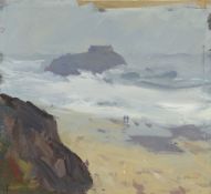 GARETH THOMAS oil on board - two figures in coastline, signed, unframed, 25.5 x 28cms