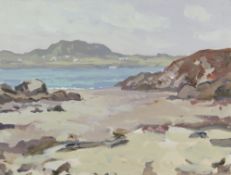 GARETH THOMAS oil on board - Welsh coastline with houses, unsigned, unframed, 31 x 41cms