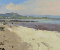 GARETH THOMAS oil on board - coastline with houses, signed, unframed, 32 x 38cms