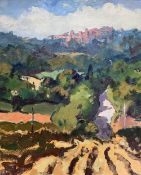 GARETH THOMAS oil on canvas - French landscape with village, entitled verso by artist hand 'Toward