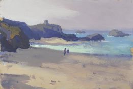 GARETH THOMAS gouache on board - two figures in coastline, unsigned, unframed, 23 x 34cms