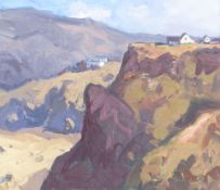 GARETH THOMAS oil on board - houses on hills by Gower coastline, signed, unframed, 29 x 33.5cms