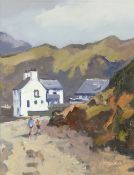 GARETH THOMAS oil on board - figures by cottage in landscape, signed, unframed, 31 x 24cms