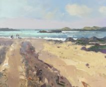 GARETH THOMAS oil on board - Welsh beach scene with figures, signed, unframed, 26.5 x 32cms