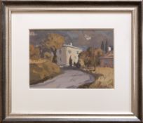 GARETH THOMAS oil on board - French village scene, entitled verso by artist hand 'Road to Les