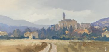 GARETH THOMAS oil on board - French countryside with buildings, signed, unframed, 23 x 27.5cms