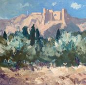 GARETH THOMAS oil on canvas - French landscape scene, entitled verso by artist hand 'Les Baux-De-