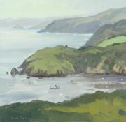 GARETH THOMAS oil on board - rugged coastline with boat, signed, unframed, 24.3 x 25.1cms