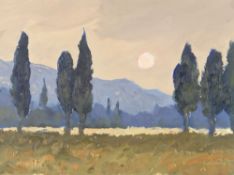 GARETH THOMAS oil on board - French landscape with trees and sun, signed, unframed, 26 x 35cms
