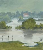 GARETH THOMAS oil on board - landscape with house, signed, unframed, 27 x 23cms