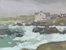 GARETH THOMAS oil on board - Welsh coastline with houses, signed, unframed, 24.5 x 32cms