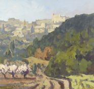 GARETH THOMAS oil on board - French countryside with path leading to village on hill, signed,