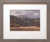 GARETH THOMAS oil on board - landscape, entitled verso 'Weobley Castle, Gower', signed, 24 x 33cms