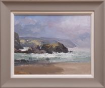 GARETH THOMAS oil on canvas - figures on a beach Cardiganshire, entitled verso by artist hand '
