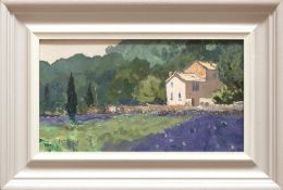 GARETH THOMAS oil on board - French landscape with villa, entitled verso 'Lavender and House near
