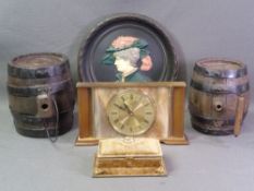 METAMEC MID-CENTURY CLOCK, ornamental metal banded barrels (2), relief plate after Makari and an