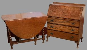 VINTAGE OAK FALL FRONT BUREAU, 100cms H, 85cms W, 41cms D and a barley twist gate leg dining