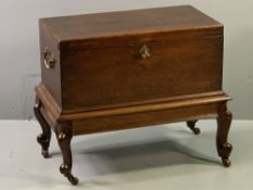 CIRCA 1840 & LATER OAK COFFER BACH with brass carry handles, on later carved corner feet and brown