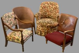 VINTAGE ARMCHAIR GROUP (4) to include a Lloyd loom example, floral upholstered tub chair, oak low