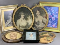 ANTIQUE PRINTS, a pair, in oval gilt frames and an assortment of similar