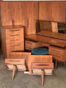 G-PLAN SEVEN PIECE TEAK BEDROOM SUITE, comprising triple door wardrobe, 175cms H, 122cms W, 59cms D,