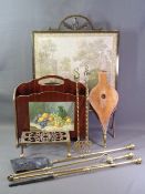 BRASS FIRE IRONS, trivet stand, bellows, good heavy brass firescreen and a magazine rack