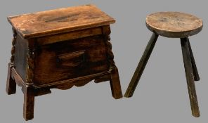 VINTAGE OAK COFFER BACH, 42cms H, 51cms W, 33cms D and a circular topped three legged stool, 41cms