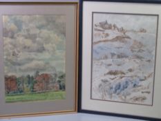 LEONARD RENTON ARCA watercolour - farmhouse at the top of a rocky hillside, 53 x 37cms and LEONARD