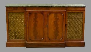 REPRODUCTION MAHOGANY BREAKFRONT SIDEBOARD with green marble top, twin central panelled doors with
