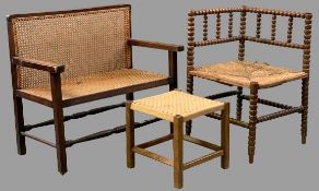 CHILD'S BERGERE CANE SEATED SETTEE, 64cms H, 70cms W, 41cms D rush seat bobbin corner chair, 64cms