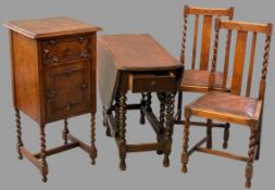 VINTAGE OAK BARLEY TWIST FURNITURE, four items to include a twin flap gate leg table, 73cms H, 42cms