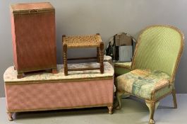 VINTAGE LOOM STYLE & OTHER HOUSEHOLD FURNITURE, five pieces to include a pink ottoman, similar linen