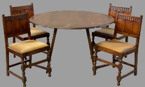 ERCOL TWIN FLAP DINING TABLE, 72cms H, 125cms W, 113cms D (open), 62cms D (closed) & four chairs
