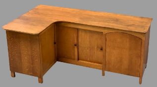 BESPOKE VINTAGE OAK CORNER BASE CUPBOARD with twin sliding and twin opening doors under a shaped