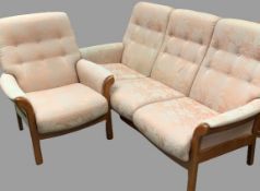 CONTEMPORARY STYLE TEAK CINTIQUE TWO PIECE LOUNGE SUITE of button back upholstered, ladderback three