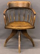 VINTAGE ASH SWIVEL OFFICE CHAIR - with curved stick back on four splayed supports, 83cms H, 58cms W,