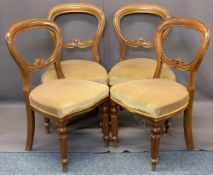 VICTORIAN MAHOGANY BALLOON BACK PARLOUR CHAIRS (4) - with carved detail to the central rail, stuff