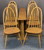ERCOL LIGHT ELM DROP-LEAF DINING TABLE and six high hoop stick back chairs, labels attached to some,