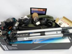 MIXED CAMERA EQUIPMENT & LENSES, boxed aluminium field tripod and a pair of cased Swift Grand Prix
