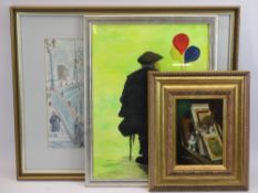 20TH CENTURY SCHOOL oil on board - cats playing amongst stacked paintings, 17 x 12cms, G H ROGERS