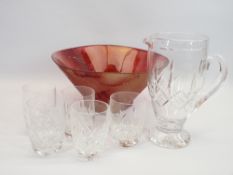 ART FORM 30CMS DIAMETER FRUIT BOWL and a cut glass lemonade jug with 5 tumblers