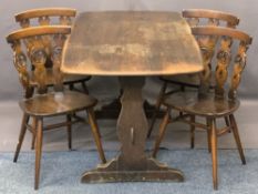 ERCOL DINING TABLE & FOUR CHAIRS, the chairs with triple splatback and Fleur de Lys decoration,