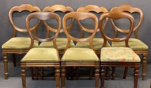VICTORIAN MAHOGANY BALLOON BACK SALON CHAIRS (7 - 4+2+1) - the set of four having shaped crest