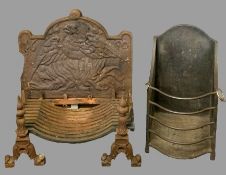 CAST IRON & STEEL FIREPLACE ITEMS to include a heavy cast fire back with pattern detail on a
