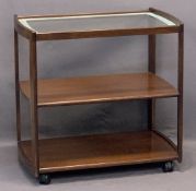 DANISH MAHOGANY THREE TIER TEA TROLLEY - with inset glass top, 79cms H, 82cms W, 51cms D