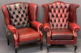 RED LEATHER EFFECT BUTTON UPHOLSTERED WING BACK FIRESIDE ARMCHAIRS (2) - 105cms H, 83cms W, 50cms