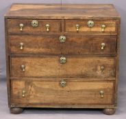 ANTIQUE CROSSBANDED FRUIT WOOD CHEST - of two short over three long drawers with circular brass