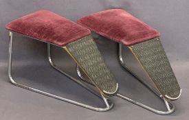 CHROME & VELVET UPHOLSTERED SHOE SHOP FOOTRESTS (2) - 36cms H, 66cms L, 31cms max W